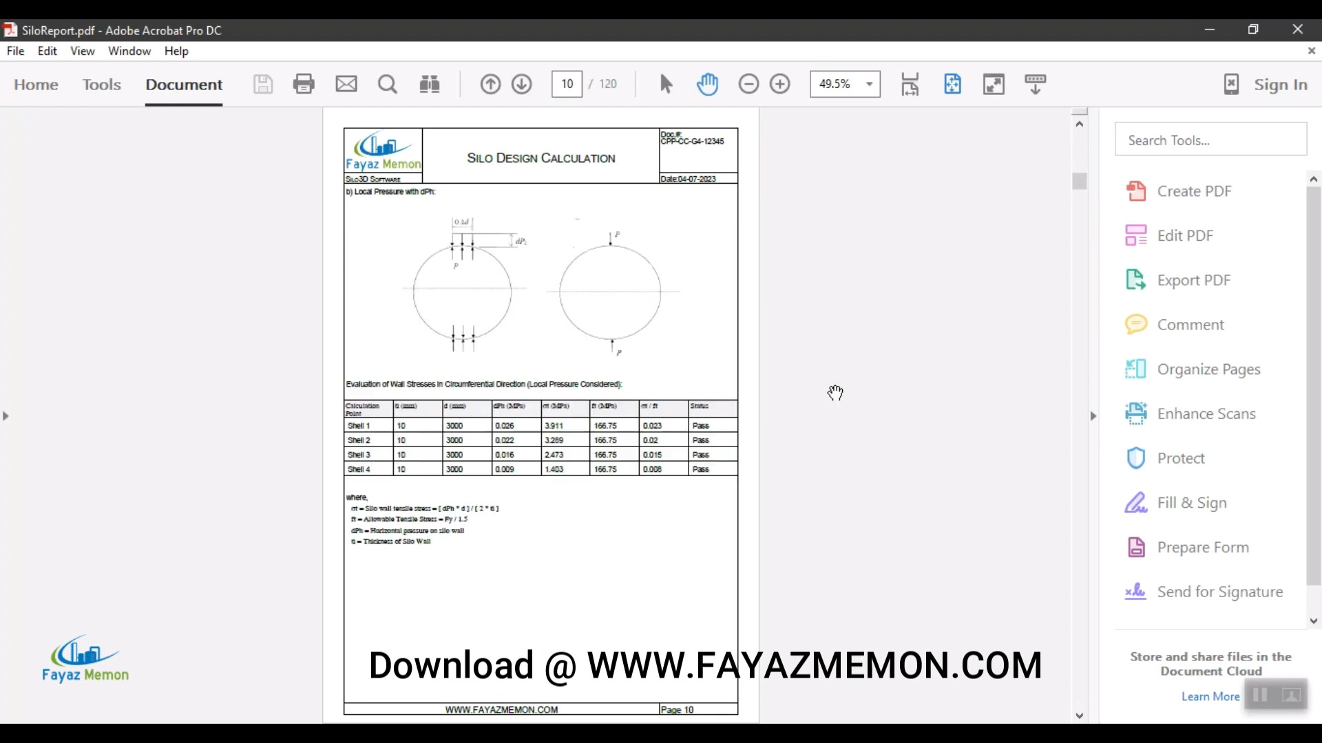 Silo3D PDF calculation report page showing shell wall stress check