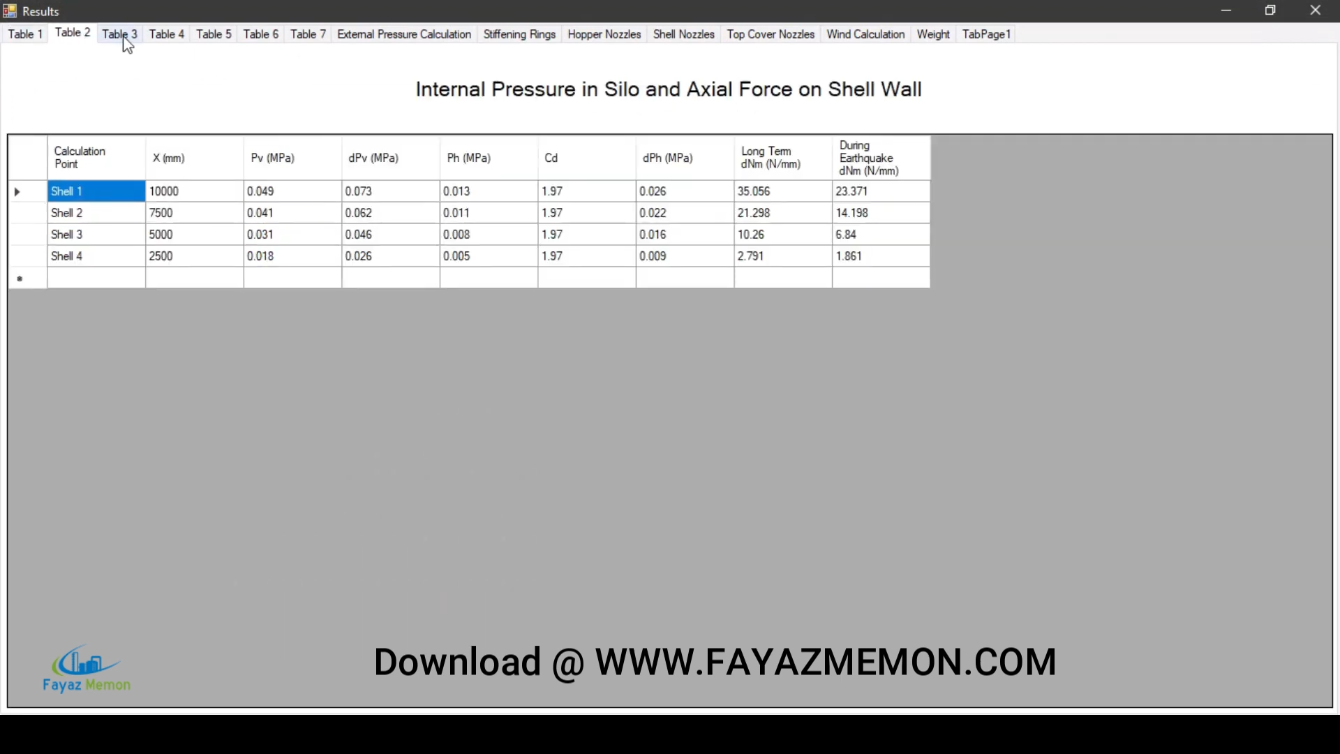 Silo3D on-screen calculation results table